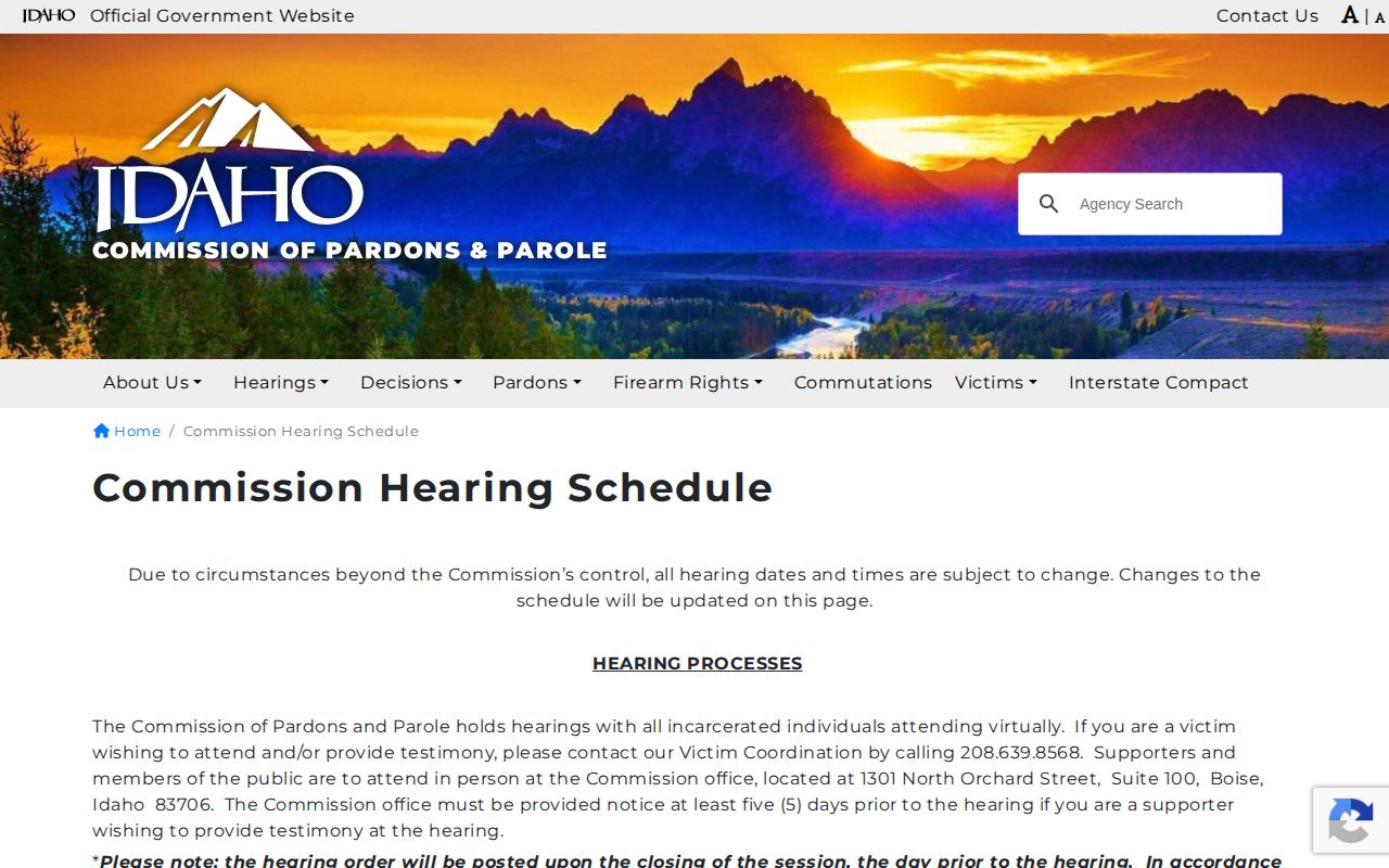 Idaho parole hearing schedule used for Lemhi County supervision records