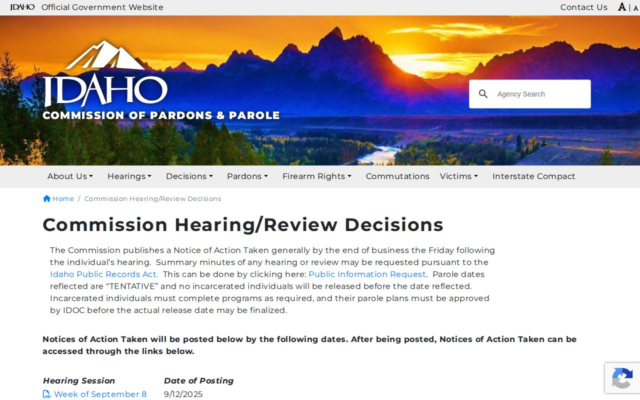 Idaho tentative parole date notices for Lemhi County release-date checks